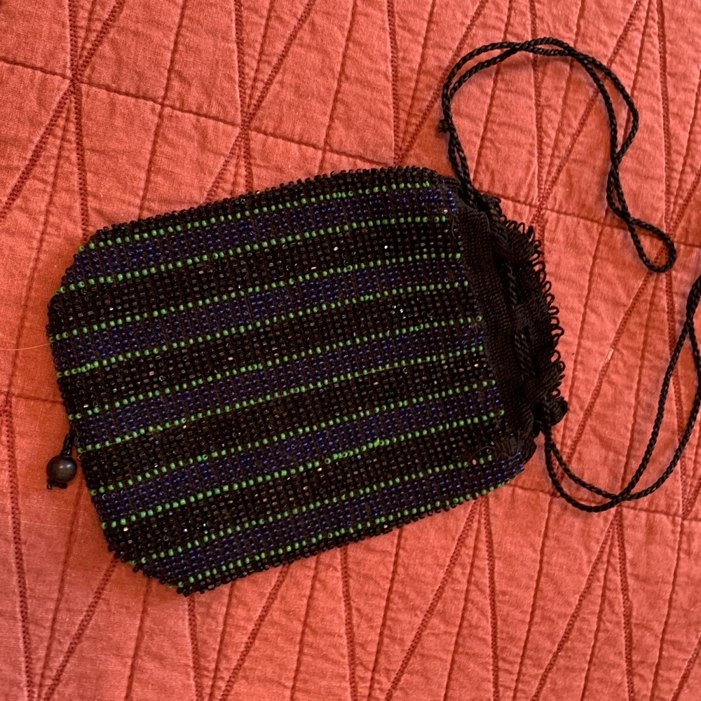 Vintage beaded bag. Blue, black and green beads, with drawstring.